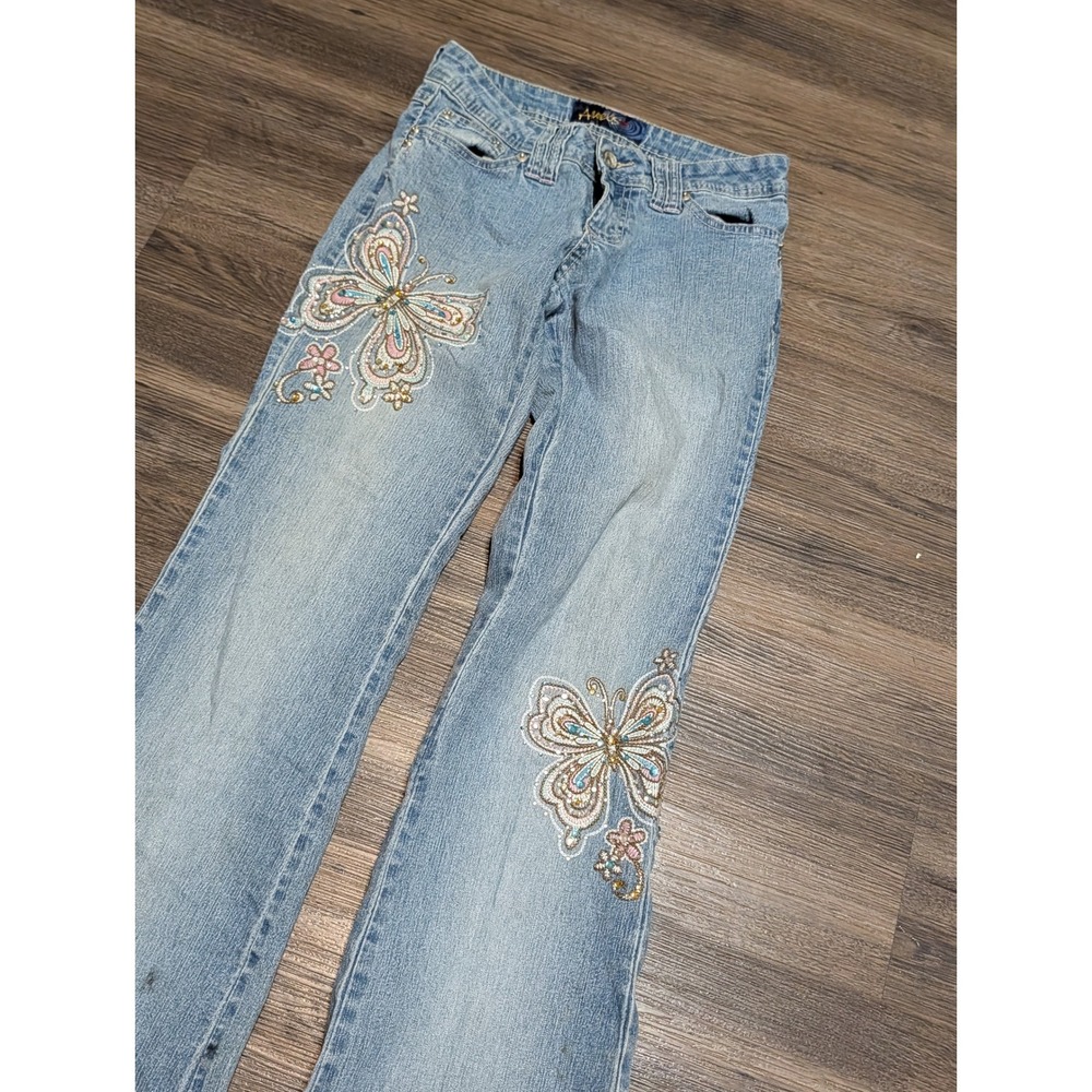 Angels Jeans Womens  Butterfly Embroidered Rhinestone Low Rise Flare 27